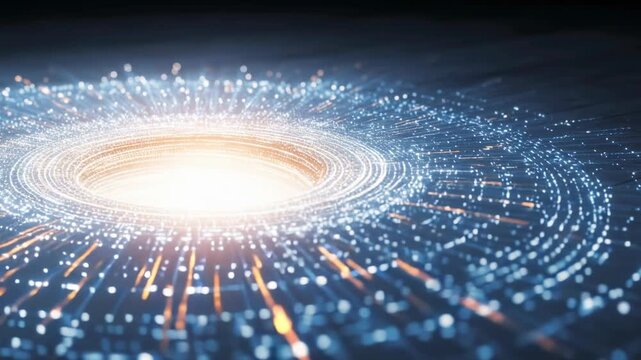 Abstract technology light circle glow futuristic data background, neon blue digital energy ring, glowing particle wave vortex