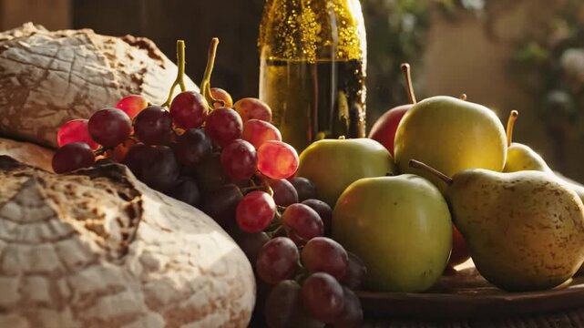 Rustic still life featuring loaves of bread, grapes, apples, pears, and a bottle on a wooden surface