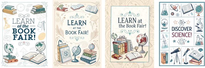 Creative poster designs for a science enthusiast book fair featuring whimsical drawings