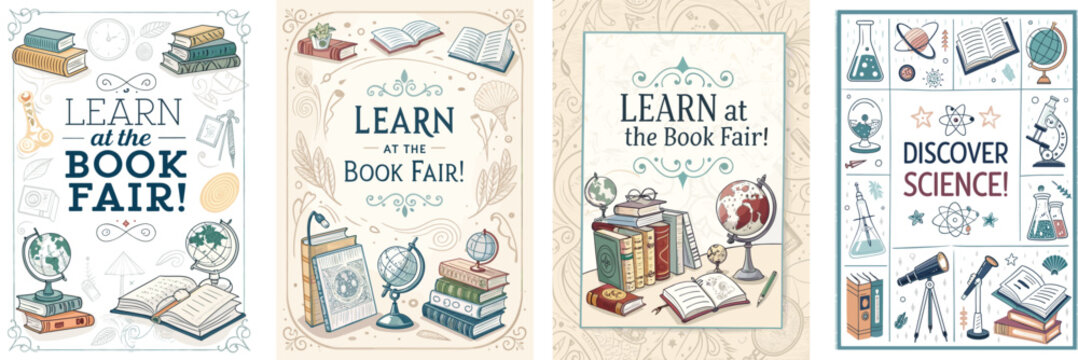 Creative poster designs for a science enthusiast book fair featuring whimsical drawings