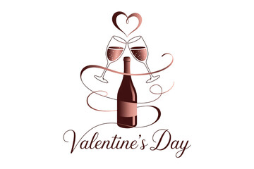 Valentines Day wine bottle and glasses in elegant red and white design with heart shaped decoration for romantic celebration
