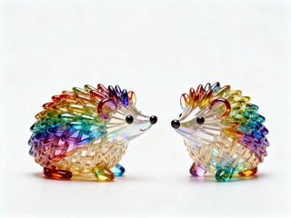 Two colorful glass hedgehog figurines with rainbow hues and intricate woven patterns facing each other on a white background