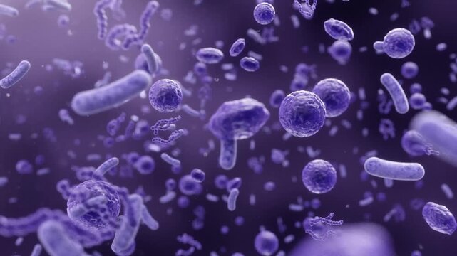 Harmful bacteria, bacteria and viruses, colorful bacterial communities, intestinal probiotics, microbiome environment, microbiology, close-up, 3D animation,  purple bacteria.