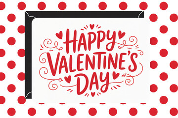 Valentines Day Card with Happy Valentines Day Text in Red Hearts and Swirls on Polka Dot Background for Greeting Card