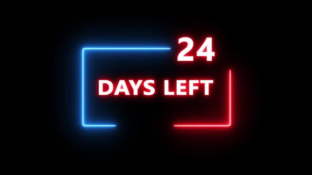 24 Days left countdown number animation on black background. Neon countdown days text number.  Days count number animation.