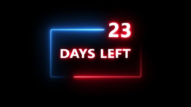 23 Days left countdown number animation on black background. Neon countdown days text number.  Days count number animation.