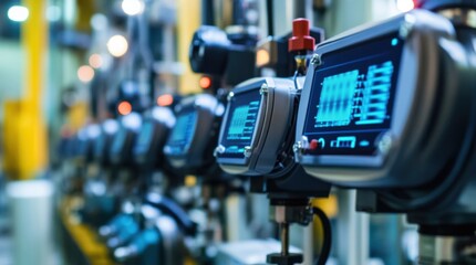 Digital screens displaying data and controlling automated machinery contribute to efficiency and precision in a contemporary industrial setting, showcasing advanced manufacturing technology