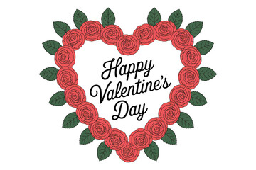 Valentines Day greeting card with red rose heart frame in elegant cursive script on white background for romantic invitation