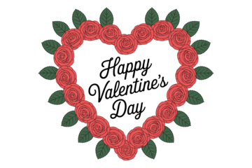 Valentines Day greeting card with red rose heart frame in elegant cursive script on white background for romantic invitation