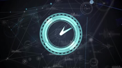 Animation of neon ticking clock over network of connections and data processing on black background - Powered by Adobe