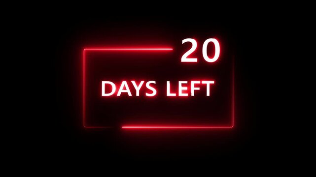 20 Days left countdown number animation on black background. Neon countdown days text number.  Days count number animation.
