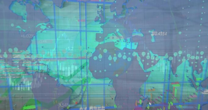 Digital animation of global finance data and networking in an office setting.