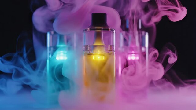 Three Rectangular Glass Bottles with Yellow Teal and Pink Liquids Surrounded by Colorful Swirling Smoke Against a Dark Background