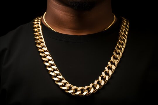 Man displaying a thick golden chain around his neck against a black background