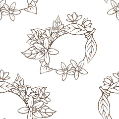 Seamless black and white line art pattern with lemons, citrus blossoms, and leaves. Elegant botanical outline design featuring citrus fruit and floral elements,