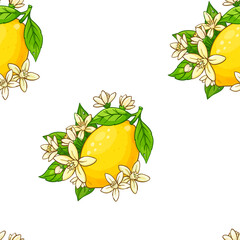Seamless pattern with bright yellow lemons, green leaves, and delicate white citrus blossoms