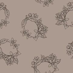 Seamless black and white line art pattern with lemons, citrus blossoms, and leaves. Elegant botanical outline design featuring citrus fruit and floral elements,