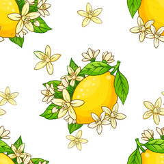 Seamless pattern with bright yellow lemons, green leaves, and delicate white citrus blossoms
