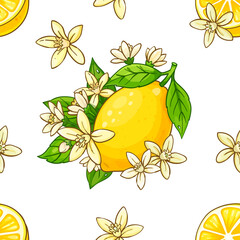 Seamless pattern with bright yellow lemons, green leaves, and delicate white citrus blossoms