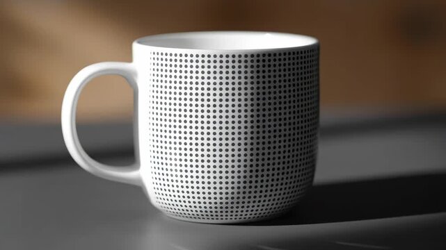 A plain white mug transforms with a modern dot pattern. This minimalist design adds a touch of contemporary style.