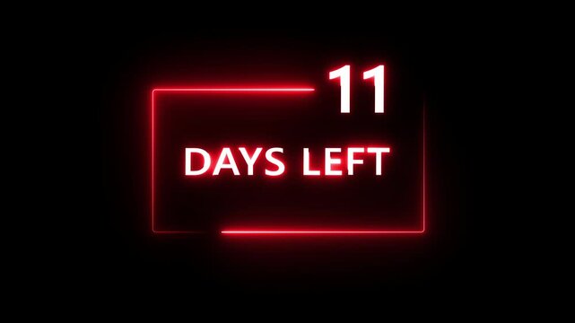 11 Days left countdown number animation on black background. Neon countdown days text number.  Days count number animation.