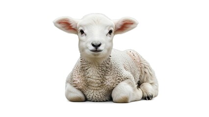 Fototapeta premium Adorable baby lamb lying down with white fluffy wool isolated on white background