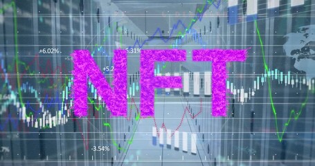 Animation of nft text, financial data processing over servers background - Powered by Adobe