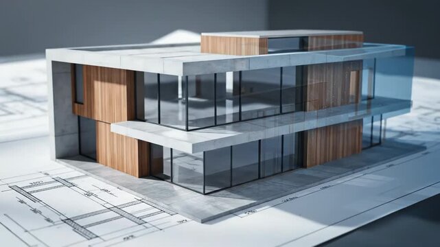 Architectural blueprints transform into a detailed 3D house model. Modern building design comes to life from initial plans.