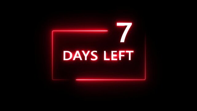 7 Days left countdown number animation on black background. Neon countdown days text number.  Days count number animation.