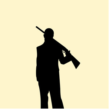 Silhouette of a businessman holding a shotgun concept design. Icon of person with machine gun on hand and wearing a suits. Vector illustration.