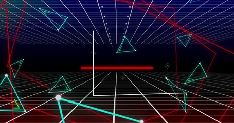 Animation of statistical data processing and plexus networks over grid network on black background - Powered by Adobe