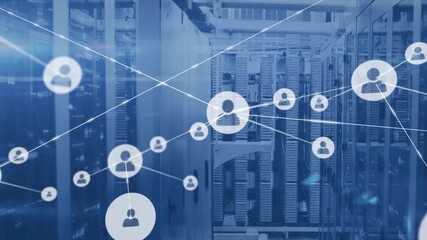 Animation of network of profile icons and mosaic sqaures against computer server room - Powered by Adobe