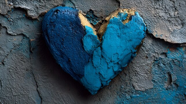 Weathered blue heart shape adhered to a cracked and textured wall evoking a sense of resilience and endu love in a distressed setting.