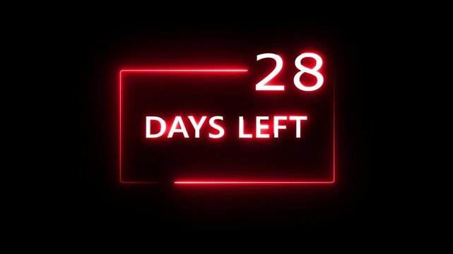 28 Days left countdown number animation on black background. Neon countdown days text number.  Days count number animation.
