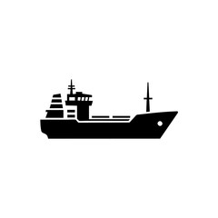 Obraz premium Black silhouette of a cargo ship illustration on a white background, showcasing maritime transport and logistics concept in vector style
