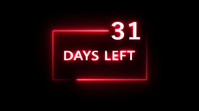 31 Days left countdown number animation on black background. Neon countdown days text number.  Days count number animation.
