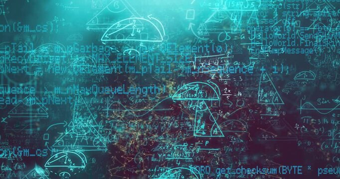 Animation of mathematical equations and computer language over connected dots in background