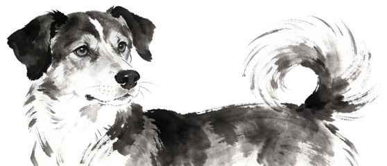 墨の温もりで描く優雅な干支の犬の筆絵