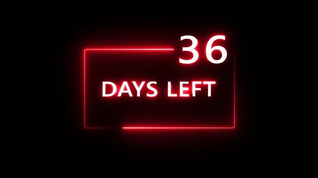 36 Days left countdown number animation on black background. Neon countdown days text number.  Days count number animation.