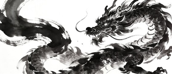 躍動感あふれる墨の濃淡で表す伝統的な龍の画