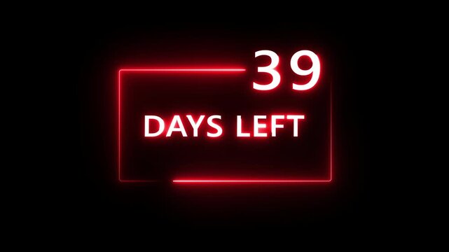 39 Days left countdown number animation on black background. Neon countdown days text number.  Days count number animation.