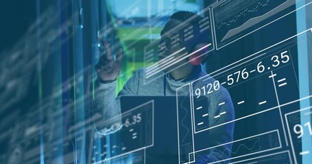Animation of graphs, loading bars, circles, african american man checking server using laptop - Powered by Adobe