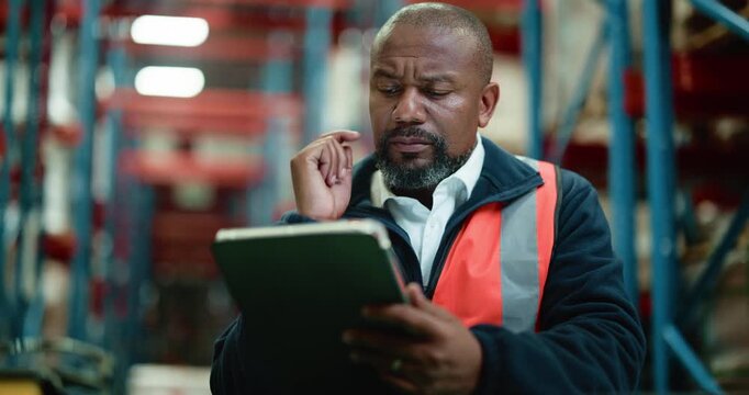 Supply chain, black man and thinking in warehouse with tablet for problem solving, shipping or dispatch. Mature person, reflection and reading in factory with tech, logistics and operations solution.