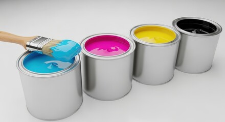 Colorful Paint Cans with Brush Ready for Art and Design Projects