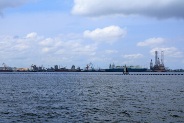 Panorama of industry in Pasir Gudang (Malaysia) with Straits of Johor seen from Singapore