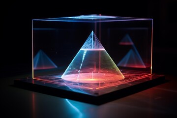 Pyramid hologram projecting digital data in a futuristic cube display