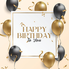 Happy birthday greeting card with gold and black balloons for celebration background. Vector