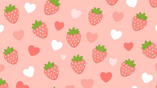 Sweet strawberry pattern with hearts on pink background for valentine's day