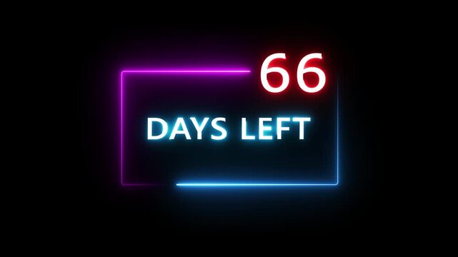 66 Days left countdown number animation on black background. Neon countdown days text number.  Days count number animation.