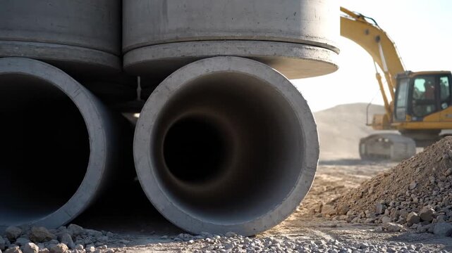 Concrete Pipe Installation: Heavy Equipment & Excavator at Work on Construction Site